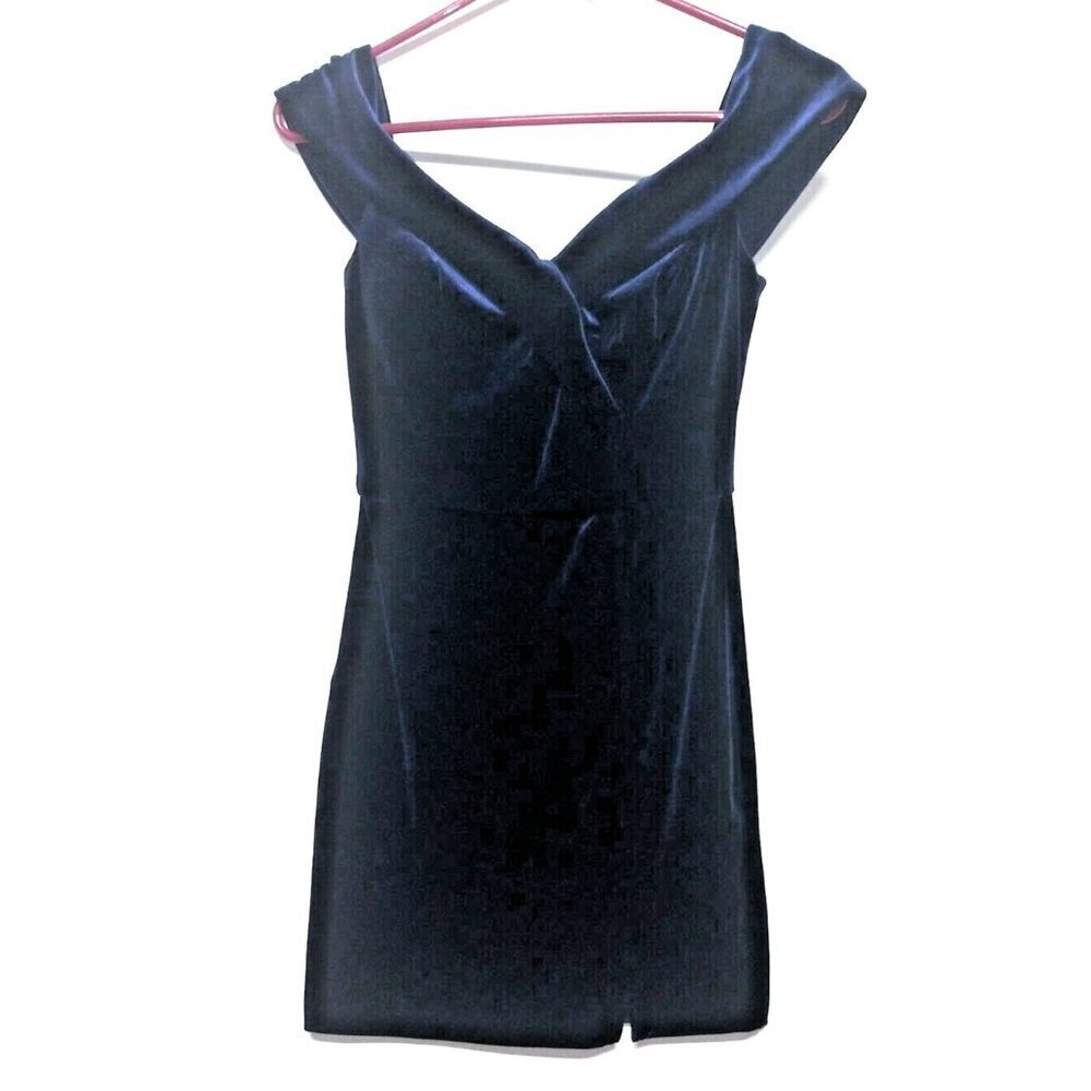 Premier Amour Women’s Cocktail Dress Sz 2 off shoulder blue velvet STRETCH zip